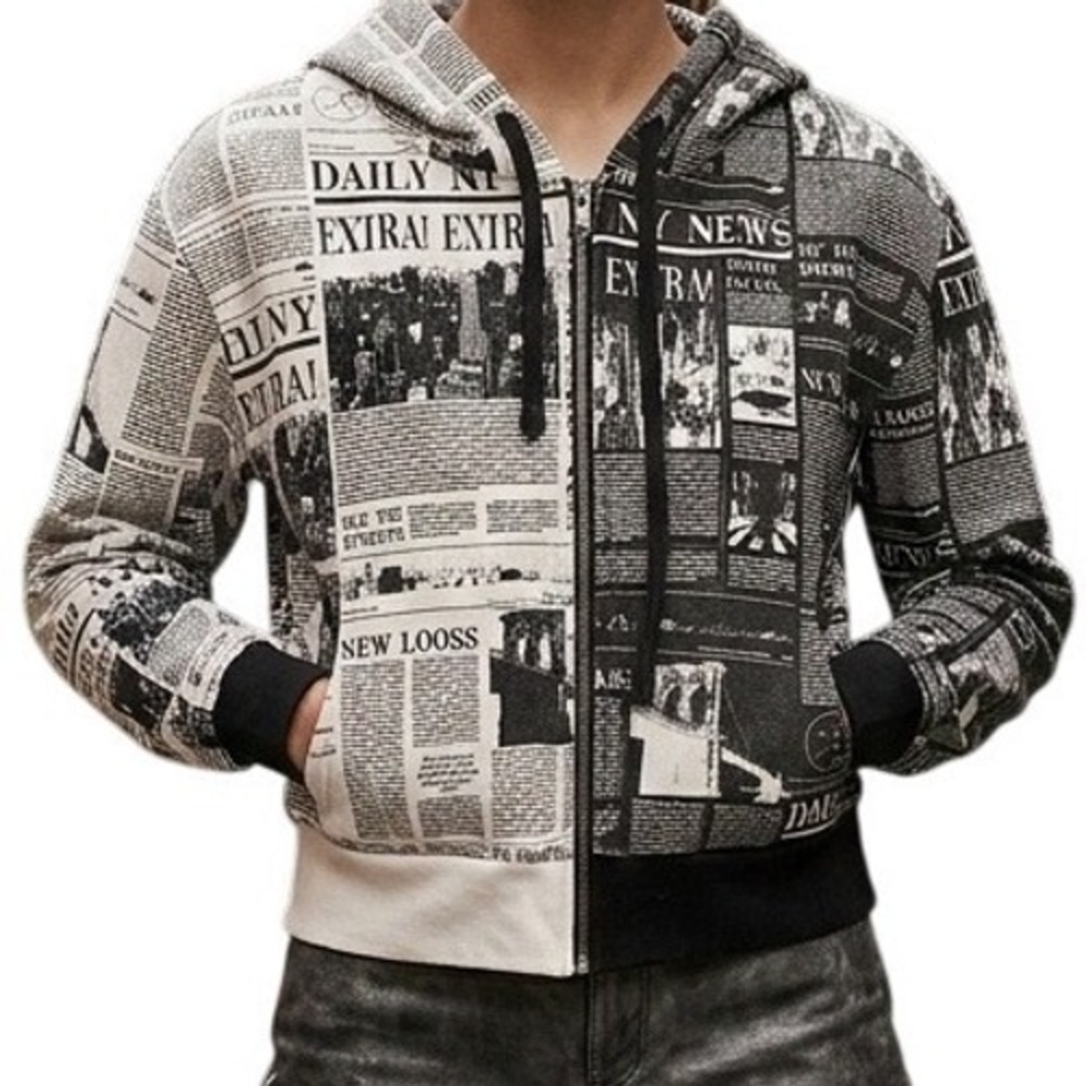 Social Scene Zip‎ Up Hoodie Womens Medium Black White Newspaper Print Streetwear